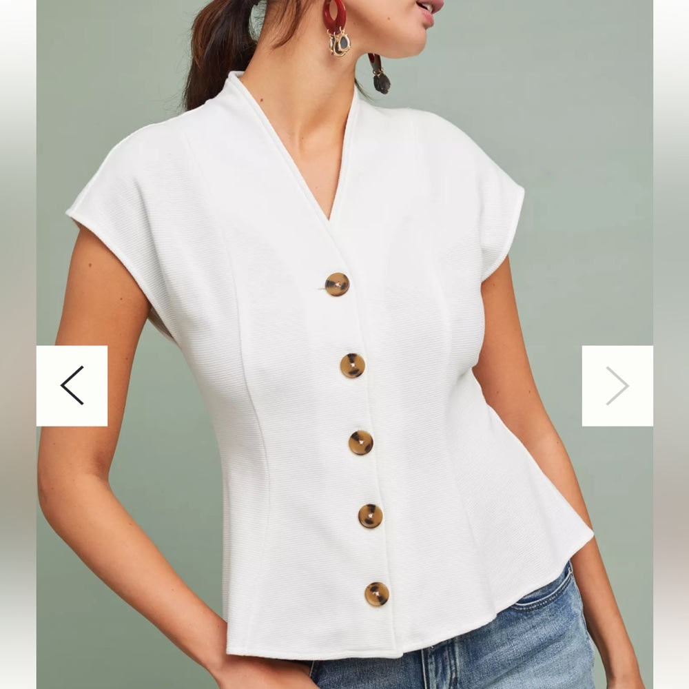 Anthropologie Ivory Button-Front Cap-Sleeve Blouse